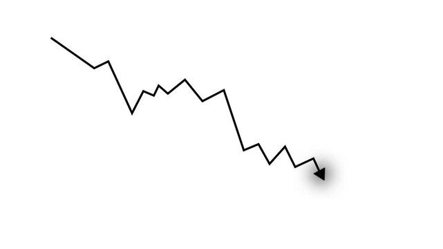 Business crisis line chart animation with downward arrow loop on black background...