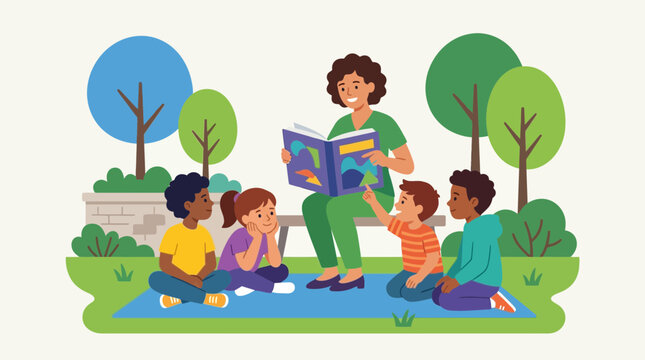 Teacher Reading Storybook to Diverse Group of Children in Park