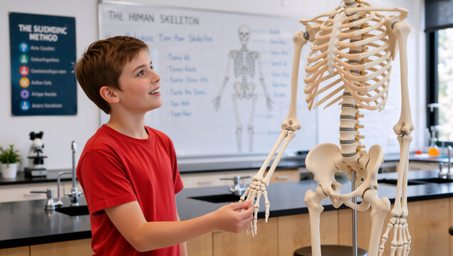 Young boy examining a human skeleton model in science classroom. Curious student learning anatomy in biology lab