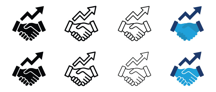 handshake icons with upward growth chart arrows representing business success and partnership deals