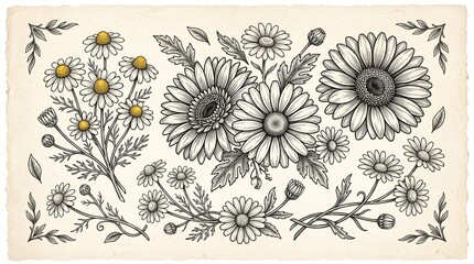 Fototapeta premium Daisy sketch of black outline ink pen engraved chamomile flowers set. Floral hand drawn engraving gerbera blossoms for vintage botanical pattern design, greeting card decoration, tattoo, logo 