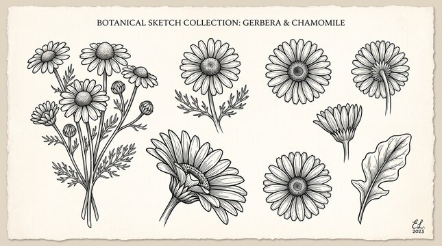 Daisy sketch of black outline ink pen engraved chamomile flowers set. Floral hand drawn engraving gerbera blossoms for vintage botanical pattern design, greeting card decoration, tattoo, logo 