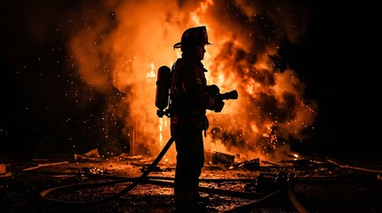 Fototapeta premium Silhouette of a firefighter battling a large, intense blaze at night, with bright orange flames and smoke.