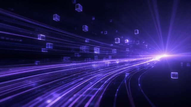 Abstract digital landscape with glowing lines and floating transparent cubes