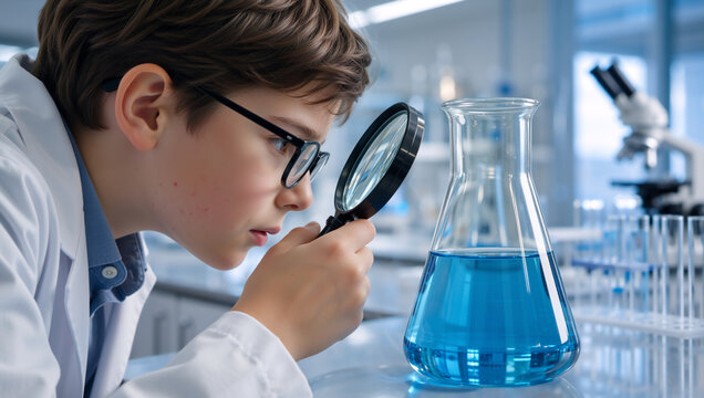 Young boy in lab coat examining blue liquid in flask with magnifying glass. Student conducting chemistry experiment in science laboratory. STEM education concept