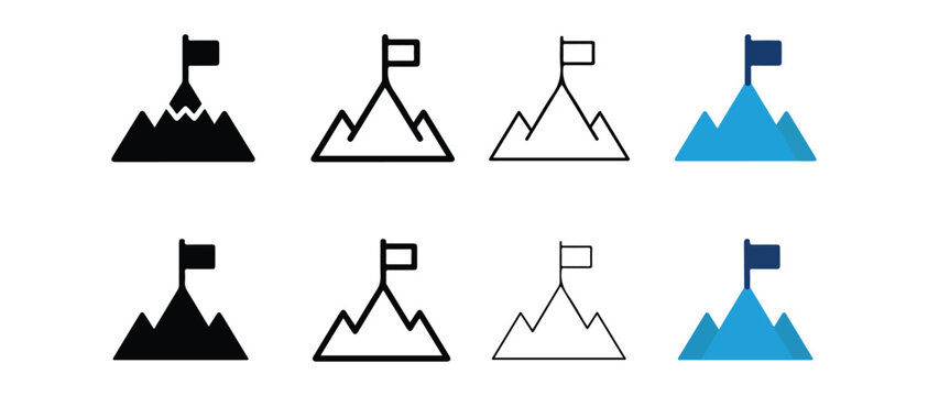 mountain climbing icons with flags showing different summit styles and difficulty levels