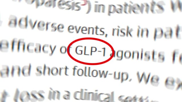 GLP-1 medical text highlighted in red circle, pharmaceutical research document on weight loss drugs, clinical study report on GLP-1 agonists