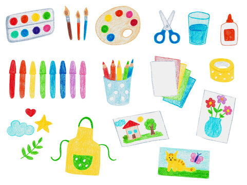 お絵かきや工作に使う文房具と作品の手描き素材