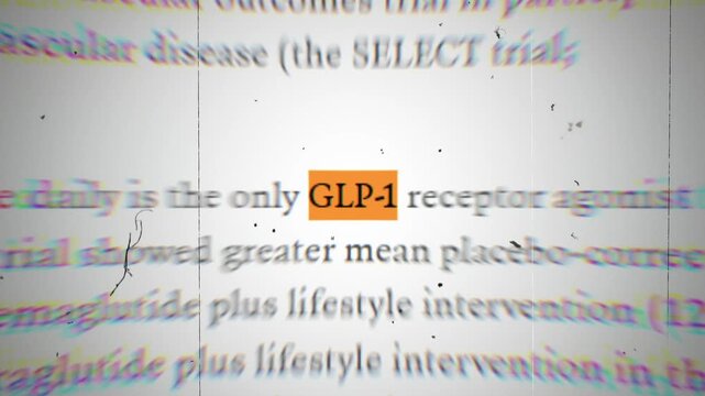 GLP-1 receptor agonist medical text highlight, weight loss medication research document, vintage film aesthetic with chromatic aberration