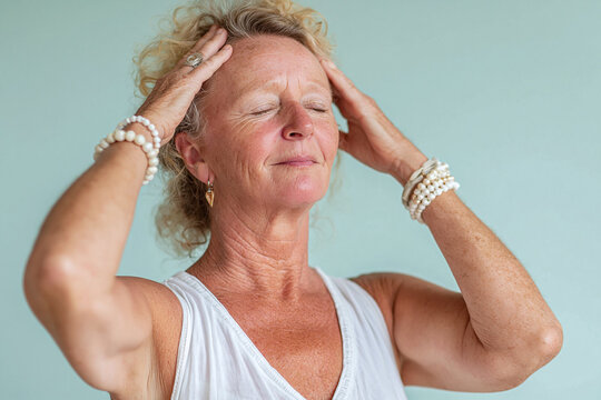 Older woman practicing gentle yoga with sun kissed skin, eyes closed and hands on head in calm meditation, serene expression conveying relaxation and mindful wellness