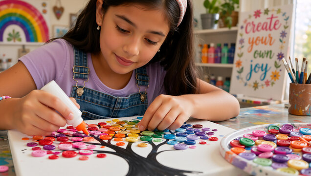 Young girl making a colorful button tree art project on canvas. Creative child using glue for a DIY craft activity at a desk. Arts and crafts hobby and childhood development concept