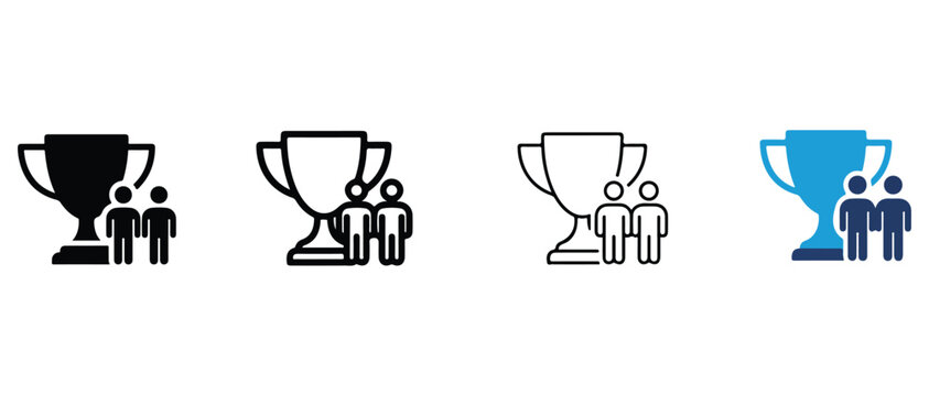 trophy icons with different numbers of people celebrating team achievements isolated on transparent background