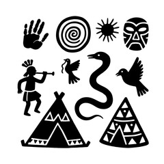 Native American tribal symbols vector set, indigenous elements with teepee tents, flute player shaman, snake and flying birds isolated © Arif