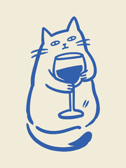 Naklejka na ściany i meble Cat Holding Wine Glass Naive Hand Drawn Vector Illustration