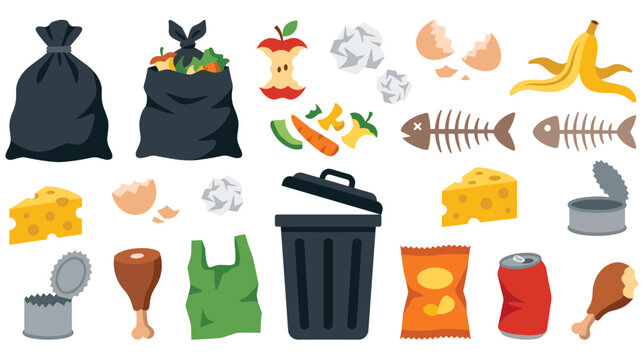 Household waste icons collection with garbage bags and food leftovers.