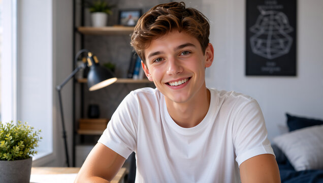 Portrait of a smiling teenage boy in a white t-shirt sitting in his bedroom. Happy young Caucasian male student looking at the camera. Casual youth lifestyle
