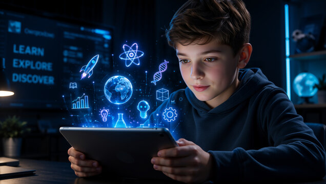 Young boy using a tablet with glowing holographic science icons. Futuristic STEM education and interactive digital learning concept
