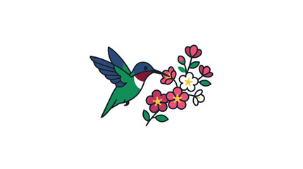 Hummingbird drinking nectar from blooming pink flowers. © galih