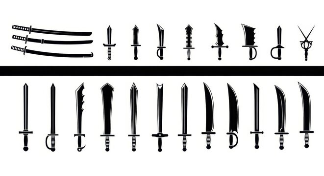 Collection of Medieval and Fantasy Sword Silhouettes - Vector Set of Ancient Melee Weapons for Design and Gaming