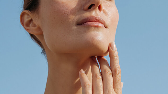 Close up skin care concept with hand touching jawline softly under blue sky expressing calm confidence