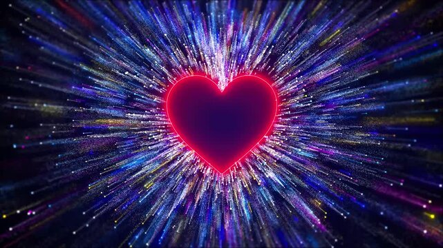 Colorful heart burst glowing red heart, radiant particle streaks, neon sparkle, energetic romantic shine. Valentine wedding reels, love greetings, anniversary edits, music clips, celebration loops.