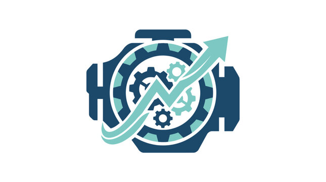 Industrial growth icon with gears and rising arrow.