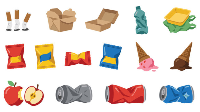 Collection of trash and discarded food items.