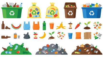 Fototapeta premium Sorting waste into trash bins with heaps of garbage and organic material.