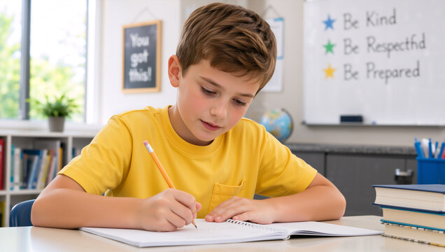 Young boy in yellow shirt writing in notebook at classroom desk. Elementary school student doing schoolwork. Education and learning concept