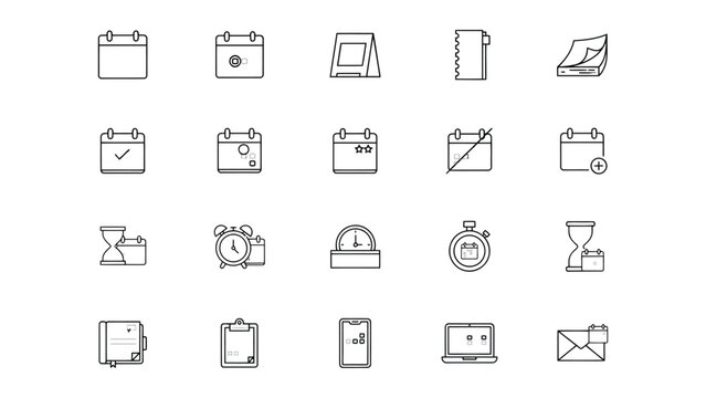 Collection of minimalist line icons featuring calendars clocks and office equipment on transparent background