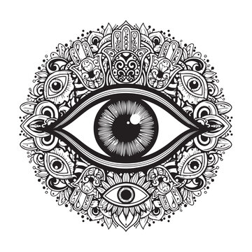 Mystical eye mandala vector illustration with hamsa hands and intricate floral patterns for spiritual and occult design