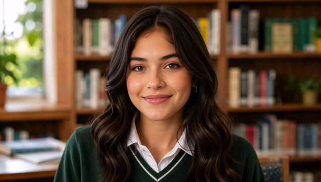Portrait of a smiling young female student in a library. Happy high school or college woman in green sweater with bookshelves in the background