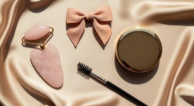 Elegant Beauty Accessories Arranged on Beige Satin Fabric Background