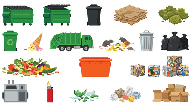 Garbage and recycling set, waste collection and disposal illustration.