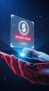 Augmented reality digital display showing payment failed error on smartphone held in hand with hologram