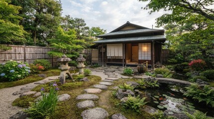 Fototapeta premium A serene Japanese garden features a traditional wooden structure with a thatched roof, surrounded by lush greenery and a tranquil pond. 