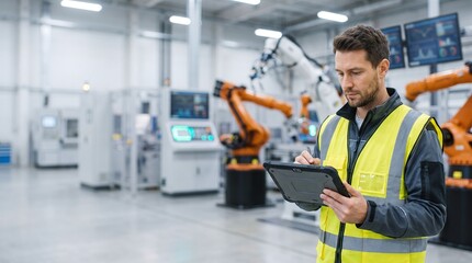 Fototapeta premium A man in a safety vest inspects a tablet computer inside a modern manufacturing facility with robotic arms