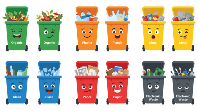 Recycling bins for different waste types collection graphic.