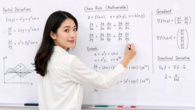 Smiling young Asian female math teacher writing on whiteboard. University student solving calculus equations in classroom. STEM education concept