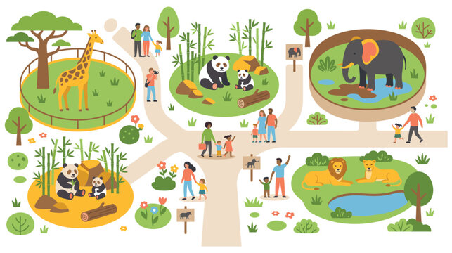 Zoo park map with visitors observing wild animals in natural habitats set.