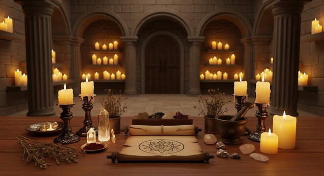 Dimly lit room with lit candles, table with scrolls & occult items, arches & door in background