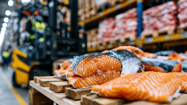 Industrial seafood warehouse with workers loading fresh fish products, forklift operating between tall metal racks, frozen salmon fillets stored on wooden pallets inside a temperature controlled fre