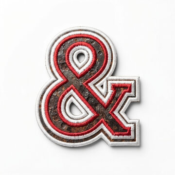Close-up of embroidered ampersand patch with red stitching and gray fabric, set against white background for clear visibility and versatility in design projects.