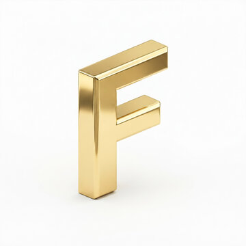 Highly reflective gold three-dimensional letter F against plain white backdrop, studio lighting, neutral mood, minimalist composition for branding or design use.