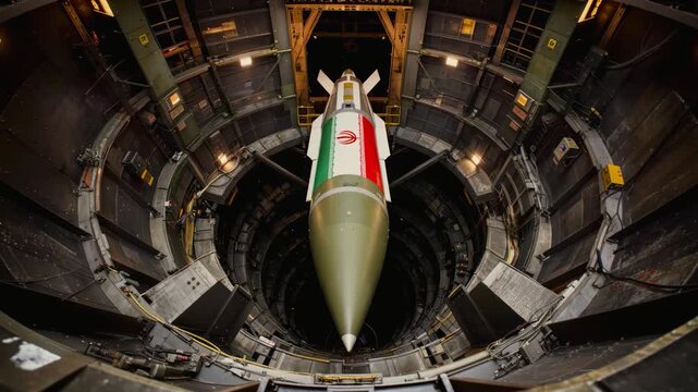 A large ballistic missile featuring the iranian flag design positioned inside a deep, industrial underground missile silo with metallic circular walls