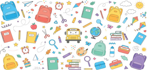 Cute cartoon back to school stationary elements backpacks and bus vector illustration clip art set © Mahan