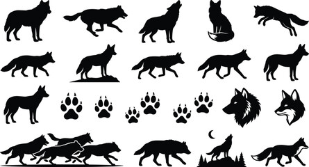 Naklejka premium Wolf Silhouette Collection with Wild Animal and Paw Print Vector Illustration Set