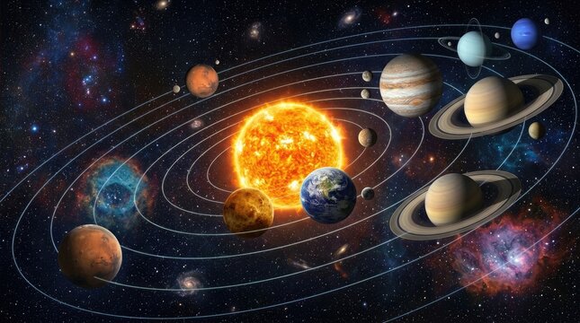 A vibrant illustration depicts our solar system, centered around a radiant yellow sun. Eight planets orbit the sun in elliptical paths, showcasing their 