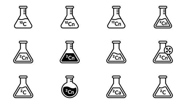 Set of Minimalist Chemistry Lab Flask Icons Featuring Various Isotope Notations and Scientific Symbols