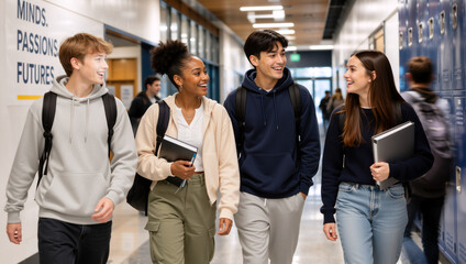 Fototapeta premium Diverse group of teenage students walking down a school hallway. Happy high school classmates talking and carrying books near lockers